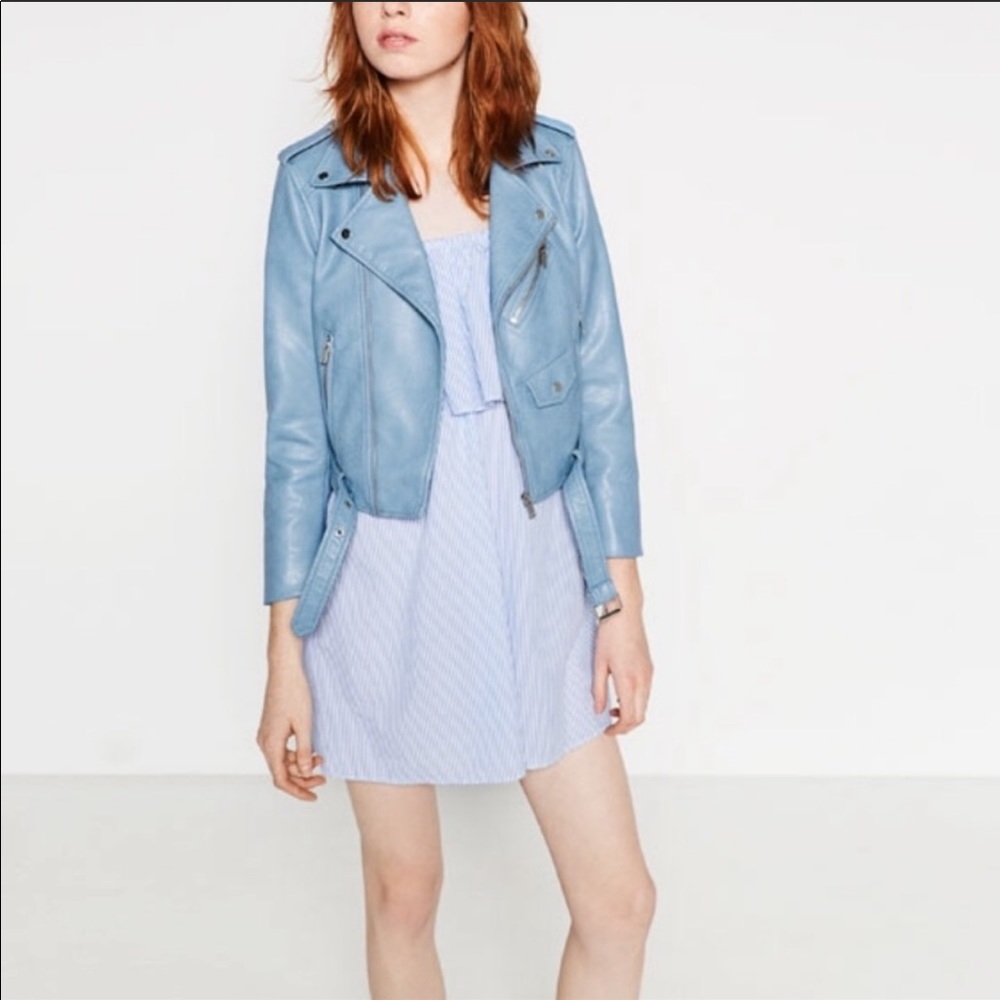 Zara cropped blue leather jacket